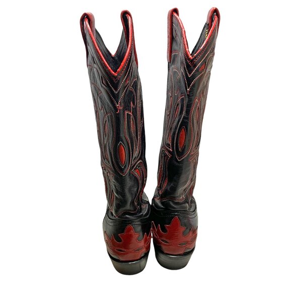 Vintage Dan Post Black Leather Red Inlaid Leather Cowgirl Boots - Picture 10 of 12